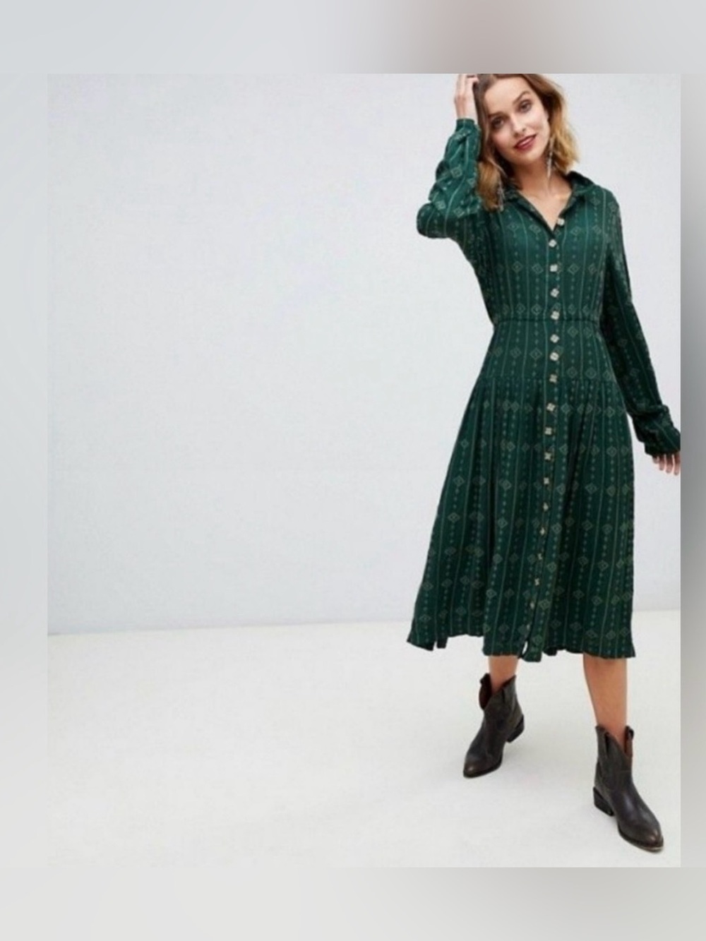 Free People Diamond Head Embroidered Midi Dress Green M - Picture 2 of 16